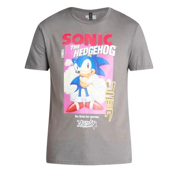 Gray Sonic the Hedgehog T-Shirt No Time For Games Kanji Image (1991) NEW Sz L - Picture 1 of 2
